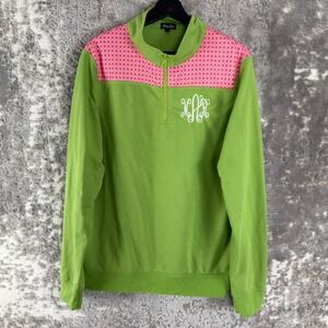 Anna Lane Size L Monogram Fish Scale 1/4 Zip Pullover Sweatshirt Green Long Wmn